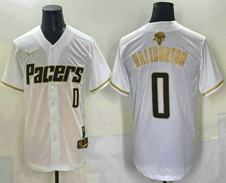 Indiana Pacers #0 Tyrese Haliburton White Gold 2025 Finals Vapor Stitched Baseball Jersey