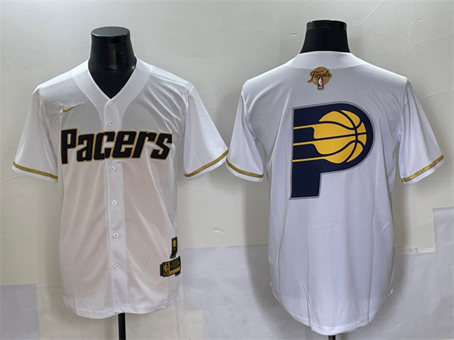 Indiana Pacers Team Big Logo White Gold 2025 Finals Vapor Stitched Baseball Jersey