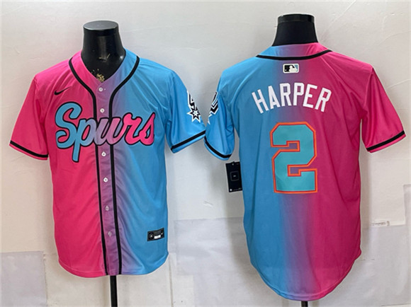 San Antonio Spurs #2 Dylan Harper Pink Blue Limited Stitched Baseball Jersey San Antonio Spurs #2 Dylan Harper Pink Blue Limited Stitched Baseball Jersey