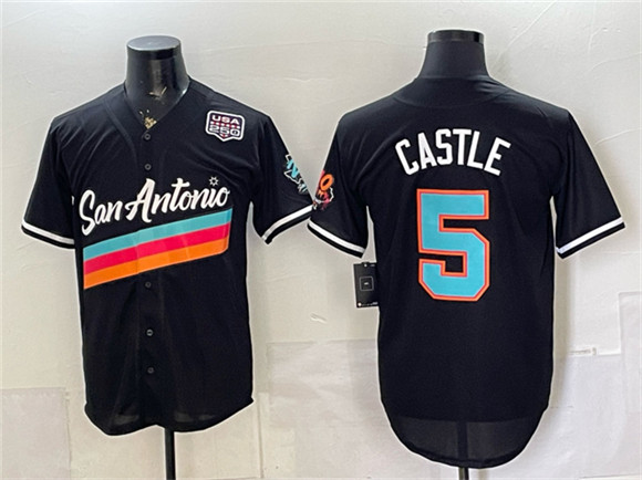 San Antonio Spurs #5 Stephon Castle Black USA 250' Patch City Edition Stitched Baseball Jersey San Antonio Spurs #5 Stephon Castle Black USA 250' Patch City Edition Stitched Baseball Jersey