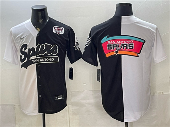 San Antonio Spurs Team Big Logo White Black Split USA 250' Patch Stitched Baseball Jersey
