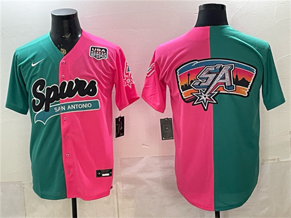 San Antonio Spurs Team Big Logo Teal Pink Split USA 250' Patch Stitched Baseball Jersey San Antonio Spurs Team Big Logo Teal Pink Split USA 250' Patch Stitched Baseball Jersey
