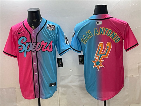 San Antonio Spurs Team Big Logo Pink Blue USA 250' Patch Stitched Baseball Jersey
