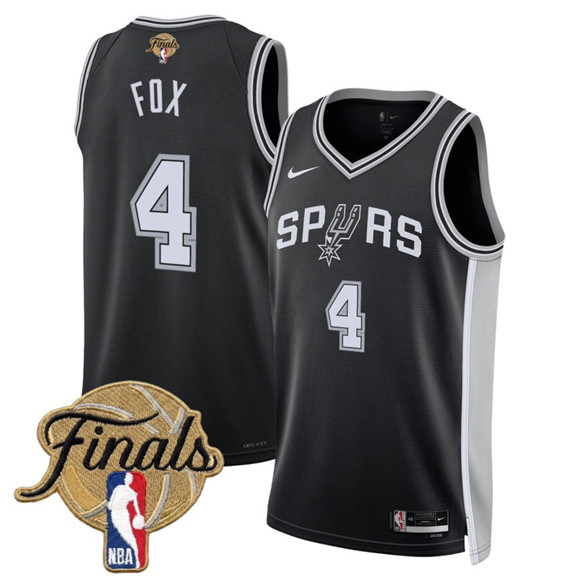 San Antonio Spurs #4 De'Aaron Fox Black 2026 Finals Patch Icon Edition Stitched Basketball Jersey San Antonio Spurs #4 De'Aaron Fox Black 2026 Finals Patch Icon Edition Stitched Basketball Jersey