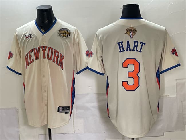New York Knicks #3 Josh Hart Cream 2026 Finals & Eastern Conference Champions Patch Stitched Baseball Jersey