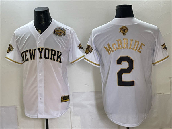 New York Knicks #2 Miles McBride White Gold 2026 Finals & Eastern Conference Champions Patch Stitched Baseball Jersey