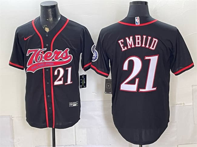 Philadelphia 76ers #21 Joel Embiid Black Cool Base Stitched Baseball Jersey Philadelphia 76ers #21 Joel Embiid Black Cool Base Stitched Baseball Jersey