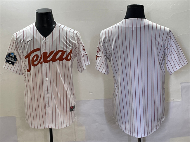 Texas Longhorns Blank White Pinstripe 2025 World Series & SEC Patch Stitched Jersey