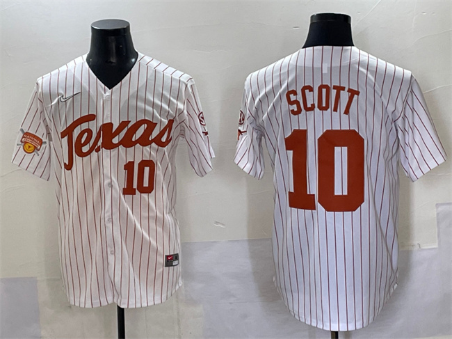 Texas Longhorns #10 Mia Scott White Pinstripe 2025 Softball National Champions & SEC Patch Stitched Jersey