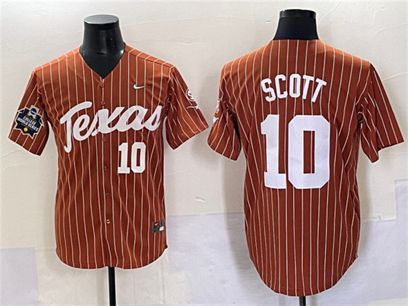 Texas Longhorns #10 Mia Scott Orange Pinstripe 2025 World Series & SEC Patch Stitched Jersey