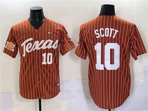 Texas Longhorns #10 Mia Scott Orange Pinstripe 2025 Softball National Champions & SEC Patch Stitched Jersey