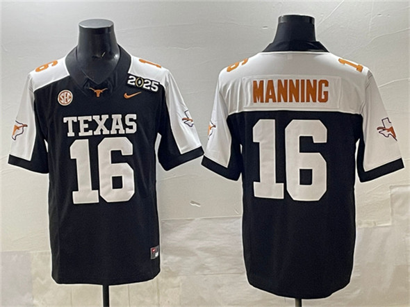 Texas Longhorns #16 Peyton Manning Black F.U.S.E. 2025 CFP Final With SEC Patch Stitched Jersey