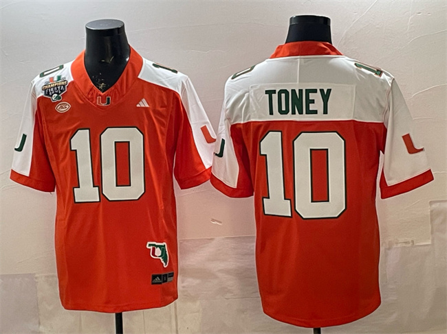 Miami Hurricanes #10 Malachi Toney Orange Alternate F.U.S.E. Fiesta Bowl Champions & Florida Patch Stitched Football Jersey