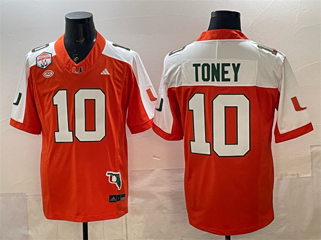 Miami Hurricanes #10 Malachi Toney Orange Alternate F.U.S.E. The Fiesta Bowl Champions & Florida Patch Stitched Football Jersey