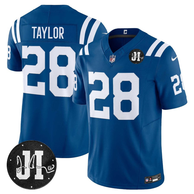 Indianapolis Colts #28 Jonathan Taylor Blue 2025 F.U.S.E. Jim Irsay Patch Vapor Limited Football Stitched Jersey