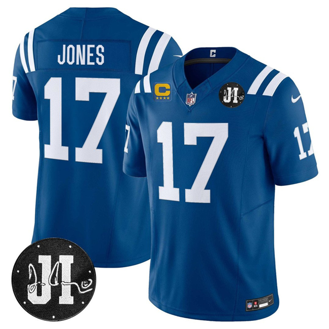 Indianapolis Colts #17 Daniel Jones Blue 2025 F.U.S.E. With 4-Star C Patch And Jim Irsay Patch Vapor Limited Football Stitched Jersey