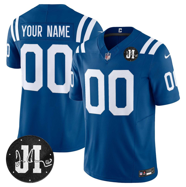 Indianapolis Colts Active Player Custom Blue 2025 F.U.S.E. Jim Irsay Patch Vapor Limited Football Stitched Jersey Indianapolis Colts Active Player Custom Blue 2025 F.U.S.E. Jim Irsay Patch Vapor Limited Football Stitched Jersey