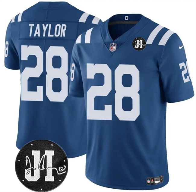 Indianapolis Colts #28 Jonathan Taylor Blue Jim Irsay Patch Vapor Limited Football Stitched Jersey ID:265584