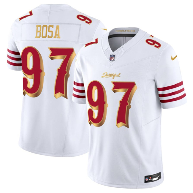 San Francisco 49ers #97 Nick Bosa White Gold 2025 F.U.S.E. "Rivalries" Vapor Limited Football Stitched Jersey