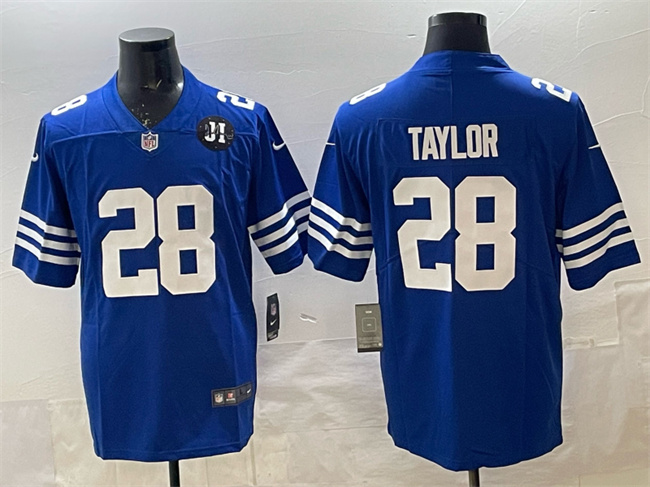 Indianapolis Colts #28 Jonathan Taylor Blue Jim Irsay Patch Vapor Limited Football Stitched Jersey Indianapolis Colts #28 Jonathan Taylor Blue Jim Irsay Patch Vapor Limited Football Stitched Jersey