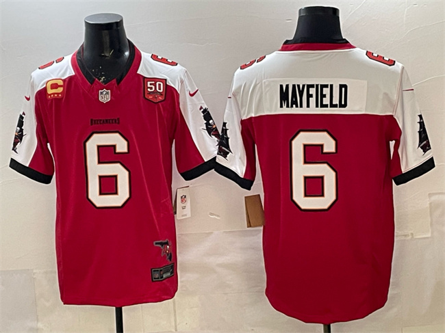 Tampa Bay Buccaneers #6 Baker Mayfield Red Alternate F.U.S.E. 50th Season & 4-Star C Patch Vapor Limited Football Stitched Jersey Tampa Bay Buccaneers #6 Baker Mayfield Red Alternate F.U.S.E. 50th Season & 4-Star C Patch Vapor Limited Football Stitched Jersey