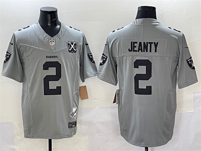 Las Vegas Raiders #2 Ashton Jeanty Gray 2025 Draft F.U.S.E. With Nevada Silver Stat Patch And 65th Anniversary Patch Football Stitched Jersey