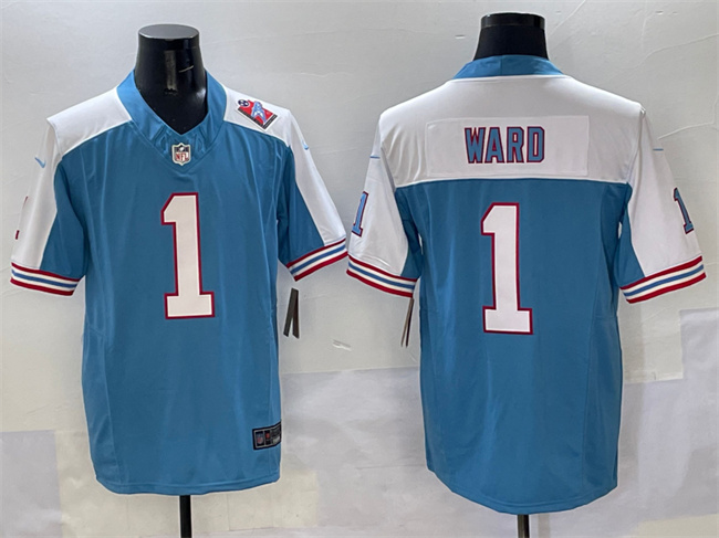 Tennessee Titans #1 Cameron Ward Blue White 2025 Draft F.U.S.E. 1997 Throwback Patch Vapor Limited Football Stitched Jersey