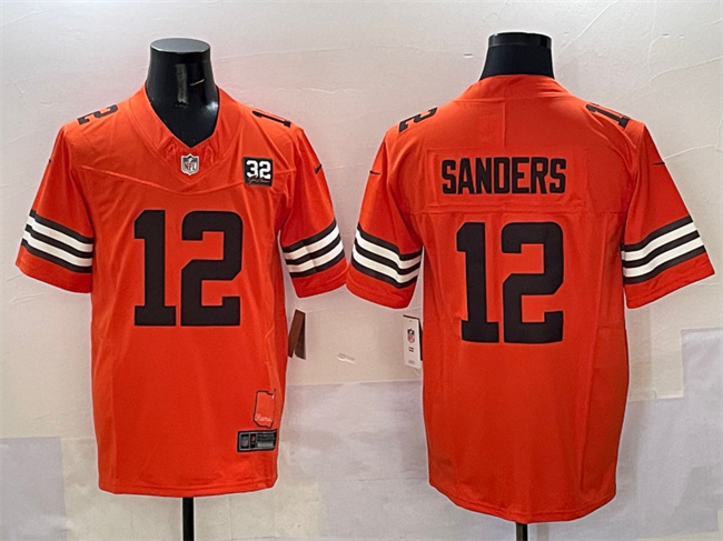 Cleveland Browns #12 Shedeur Sanders Orange 2025 Draft F.U.S.E. With Jim Brown Memorial & Home Patch Vapor Limited Football Stitched Jersey