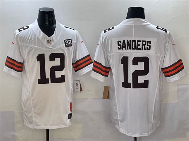 Cleveland Browns #12 Shedeur Sanders White 2025 Draft F.U.S.E. With Jim Brown Memorial & Home Patch Vapor Limited Football Stitched Jersey