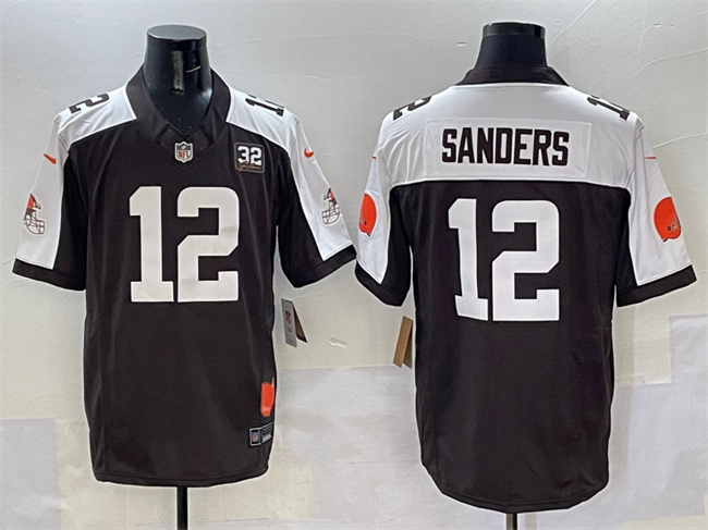 Cleveland Browns #12 Shedeur Sanders Brown White 2025 Draft F.U.S.E. With Jim Brown Memorial & Home Patch Vapor Limited Football Stitched Jersey