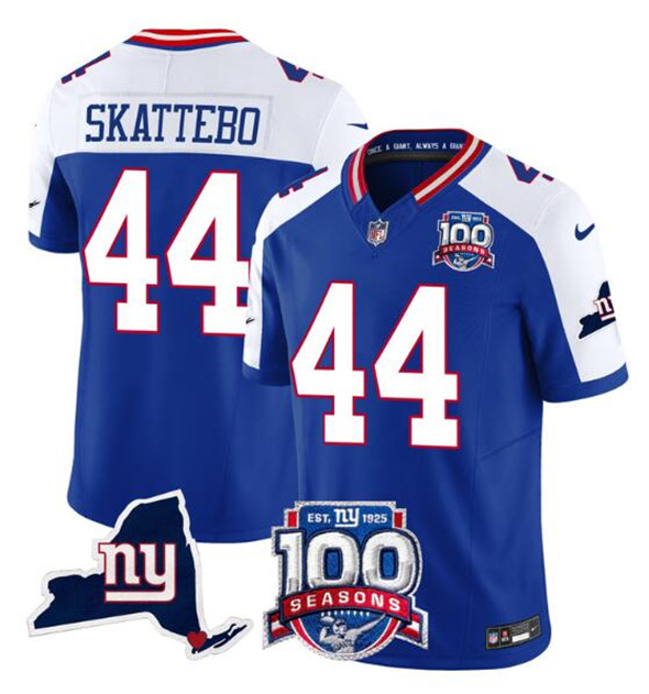 New York Giants #44 Cam Skattebo Royal White 2025 Draft F.U.S.E. 100th Season & State Patch Vapor Limited Football Stitched Jersey