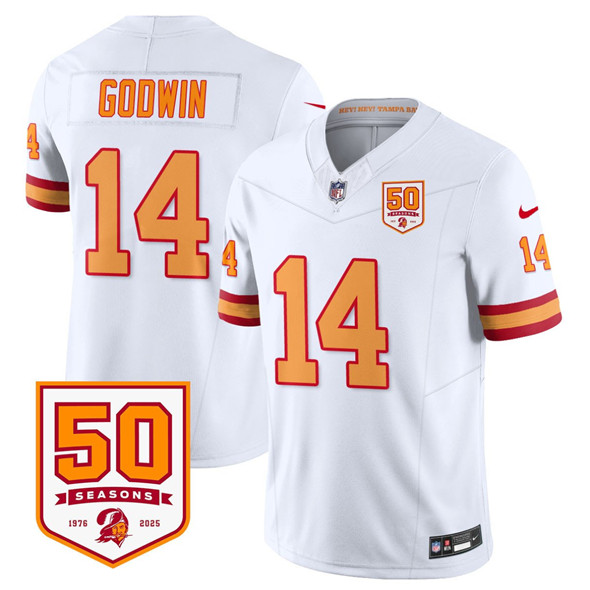 Tampa Bay Buccaneers #14 Chris Godwin White 2025 F.U.S.E. 50th Anniversary Patch Vapor Limited Football Stitched Jersey Tampa Bay Buccaneers #14 Chris Godwin White 2025 F.U.S.E. 50th Anniversary Patch Vapor Limited Football Stitched Jersey