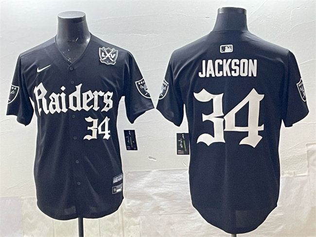 Las Vegas Raiders #34 Bo Jackson Black 'Gothic Sin City Shadows Edition' With 65th Anniversary Patch Vapor Limited Stitched Baseball Jersey Las Vegas Raiders #34 Bo Jackson Black 'Gothic Sin City Shadows Edition' With 65th Anniversary Patch Vapor Limited Stitched Baseball Jersey