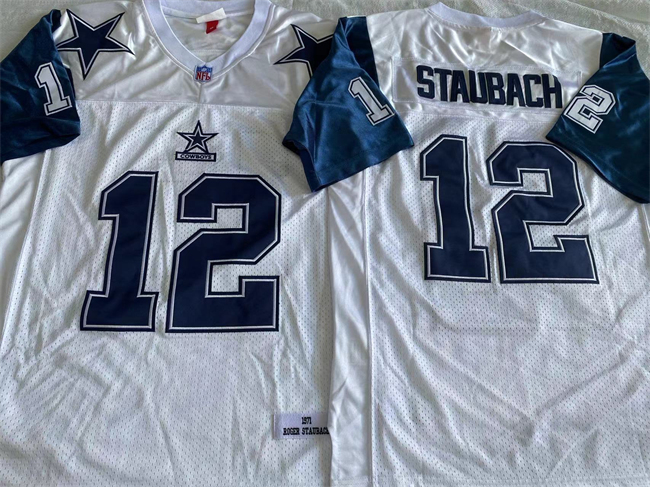Dallas Cowboys #12 Roger Staubach White Throwback Stitched Football Jersey