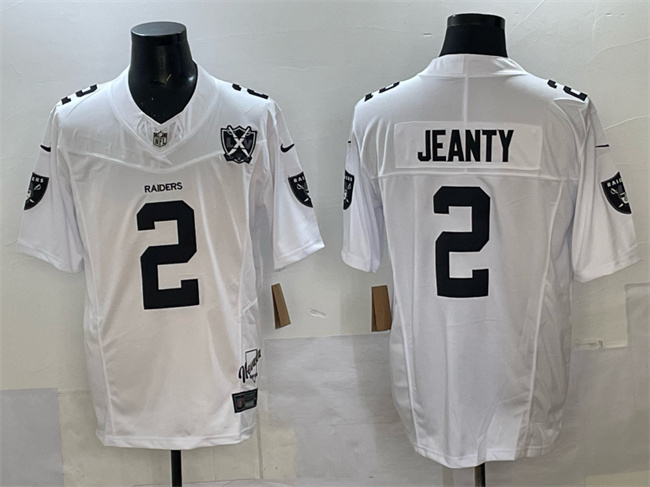 Las Vegas Raiders #2 Ashton Jeanty White 2025 Draft F.U.S.E. With Nevada Silver Stat Patch And 65th Anniversary Patch Stitched Football Jersey Las Vegas Raiders #2 Ashton Jeanty White 2025 Draft F.U.S.E. With Nevada Silver Stat Patch And 65th Anniversary Patch Stitched Football Jersey