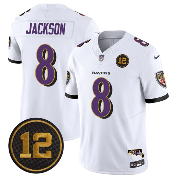 Baltimore Ravens #8 Lamar Jackson White 2025 F.U.S.E Jacoby Jones Patch Vapor Limited Football Jersey Baltimore Ravens #8 Lamar Jackson White 2025 F.U.S.E Jacoby Jones Patch Vapor Limited Football Jersey