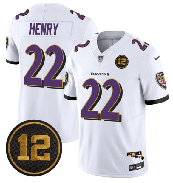 Baltimore Ravens #22 Derrick Henry White 2025 F.U.S.E Jacoby Jones Patch Vapor Limited Football Jersey