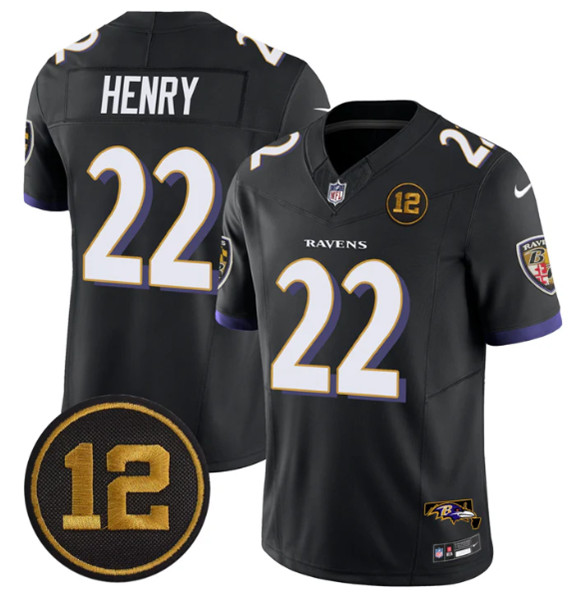 Baltimore Ravens #22 Derrick Henry Black 2025 F.U.S.E Jacoby Jones Patch Vapor Limited Football Jersey