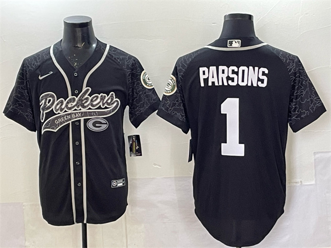 Green Bay Packers #1 Micah Parsons Black Reflective With Patch Cool Base Stitched Baseball Jersey