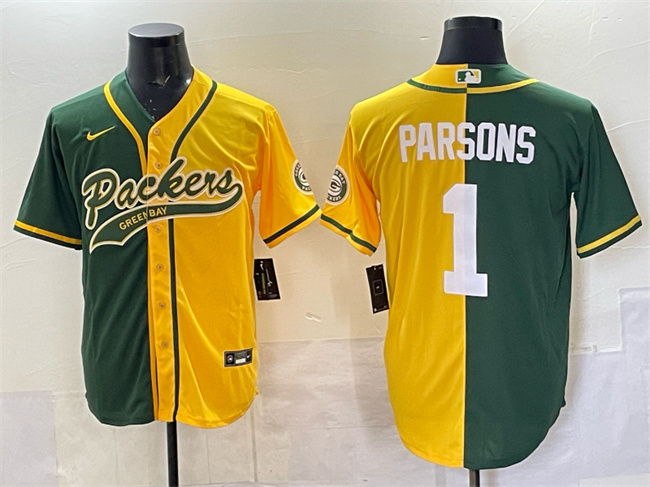 Green Bay Packers #1 Micah Parsons Green Gold Split Cool Base Stitched Baseball Jersey