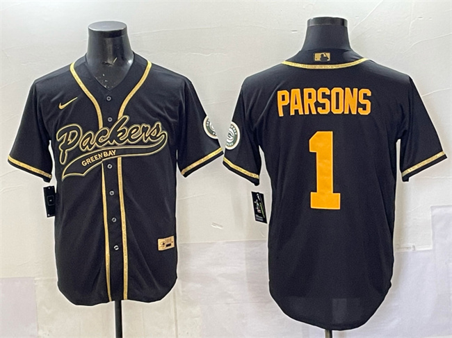 Green Bay Packers #1 Micah Parsons Black Gold Cool Base Stitched Baseball Jersey