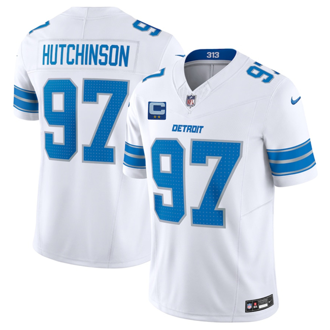 Detroit Lions #97 Aidan Hutchinson White 2025 F.U.S.E. With 2-Star C Patch Vapor Limited Football Stitched Game Jersey