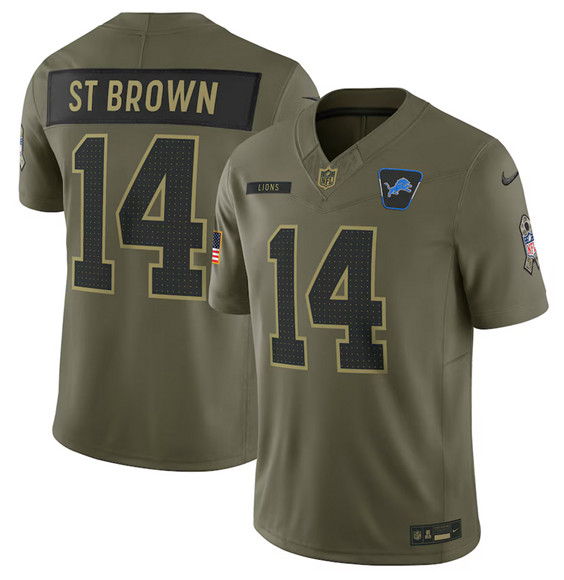 Detroit Lions #14 Amon-Ra St. Brown Olive 2025 Salute to Service Limited Football Stitched Jersey