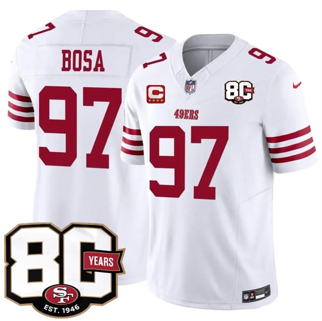 San Francisco 49ers #97 Nick Bosa White 2026 F.U.S.E. With 80th Anniversary & 4-Star C Patch Vapor Untouchable Limited Football Stitched Jersey