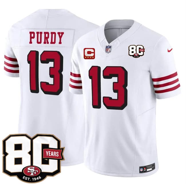 San Francisco 49ers #13 Brock Purdy New White 2026 F.U.S.E. With 80th Anniversary & 4-Star C Patch Vapor Untouchable Limited Football Stitched Jersey