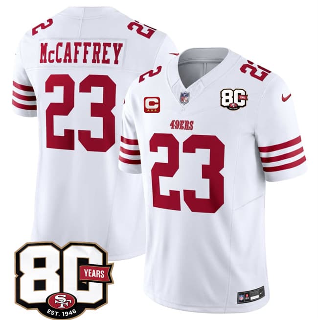 San Francisco 49ers #23 Christian McCaffrey White 2026 F.U.S.E. With 80th Anniversary & 3-Star C Patch Vapor Untouchable Limited Football Stitched Jersey