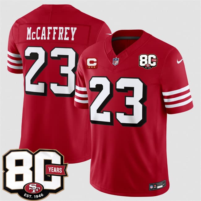 San Francisco 49ers #23 Christian McCaffrey New Red 2026 F.U.S.E. With 80th Anniversary & 3-Star C Patch Vapor Untouchable Limited Football Stitched Jersey