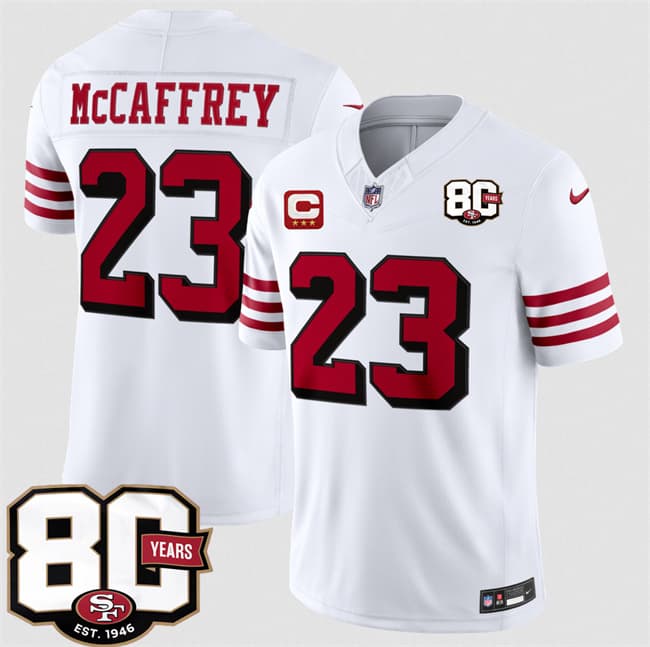 San Francisco 49ers #23 Christian McCaffrey New White 2026 F.U.S.E. With 80th Anniversary & 3-Star C Patch Vapor Untouchable Limited Football Stitched Jersey San Francisco 49ers #23 Christian McCaffrey New White 2026 F.U.S.E. With 80th Anniversary & 3-Star C Patch Vapor Untouchable Limited Football Stitched Jersey