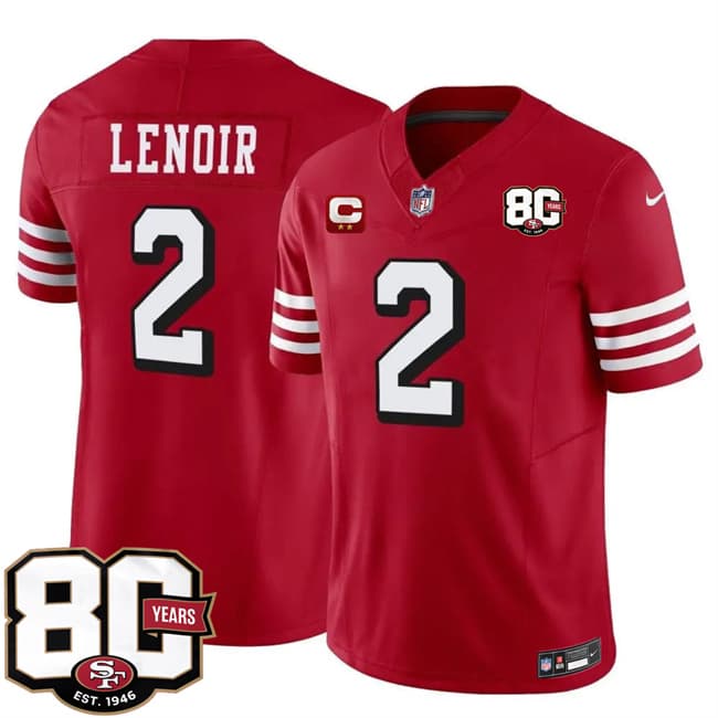 San Francisco 49ers #2 Deommodore Lenoir New Red 2026 F.U.S.E. With 80th Anniversary & 2-Star C Patch Vapor Untouchable Limited Stitched Football Jersey
