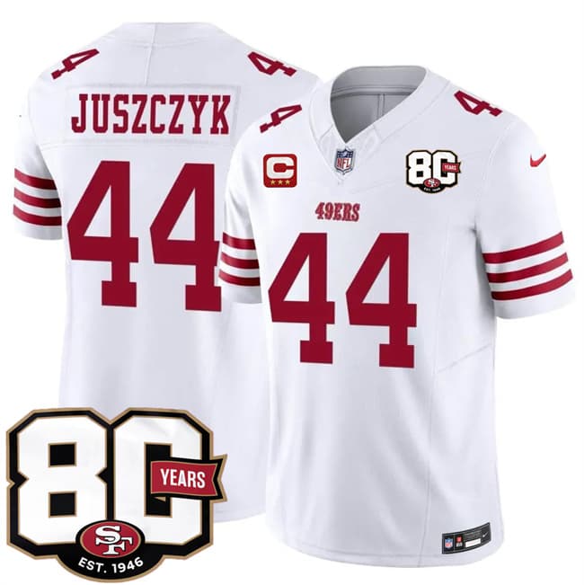 San Francisco 49ers #44 Kyle Juszczyk White 2026 F.U.S.E. With 80th Anniversary & 3-Star C Patch Vapor Untouchable Limited Stitched Football Jersey